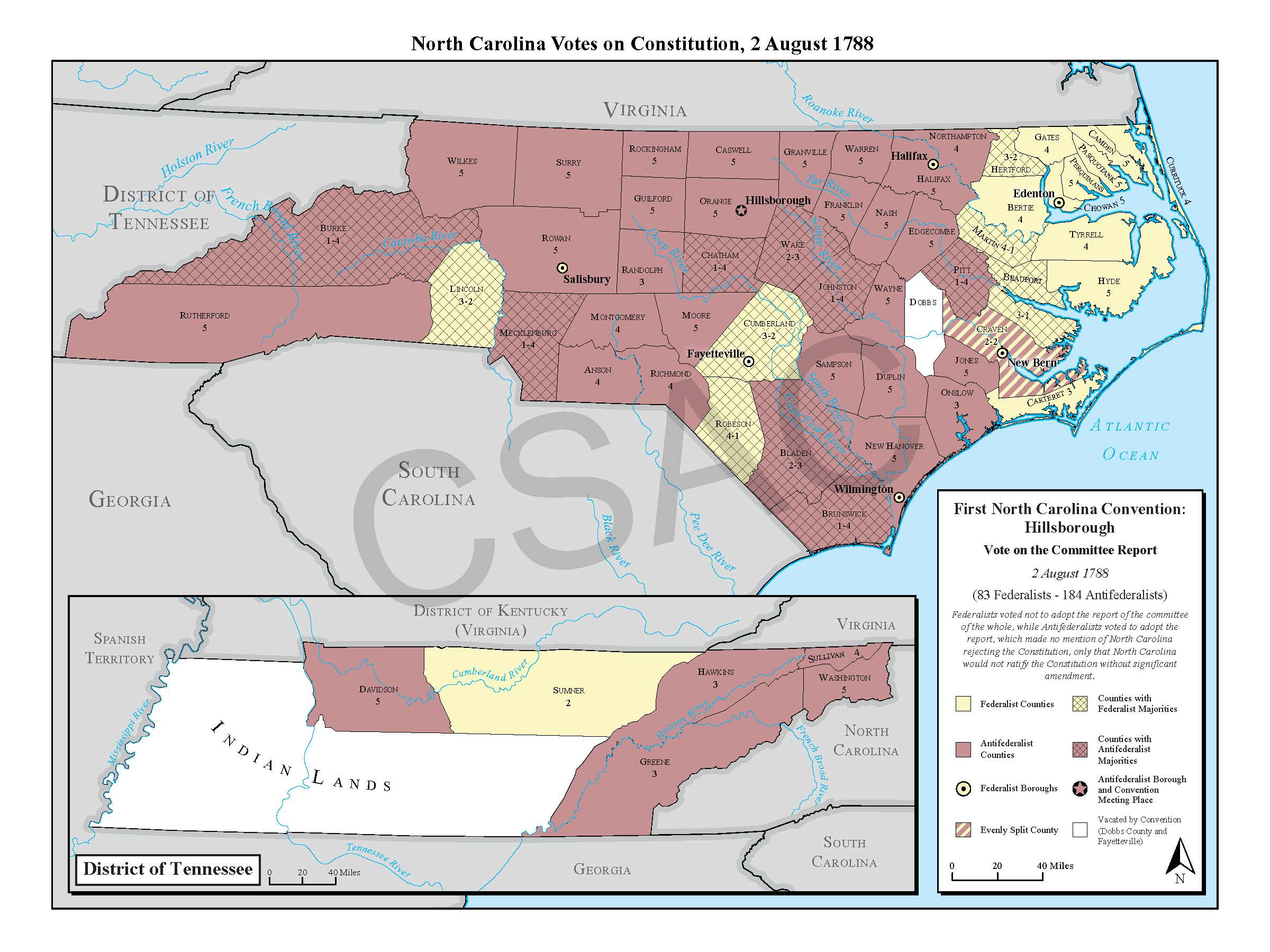Map: North Carolina Vote on the Committee Report (2 August 1788)
