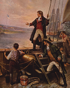 “By Dawn's Early Light” (Edward Moran, 1912) depicts Francis Scott Key standing on boat, with right arm stretched out toward the United States flag flying over Fort McHenry in Baltimore Harbor.