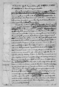 Photo of Thomas Jefferson's rough draft of the Declaration of Independence, June 1776.