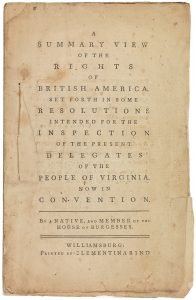 Photo of title page of Jefferson’s A Summary View of the Rights of British America, 1774.