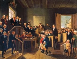 Painting of Patrick Henry speaking in an Assembly